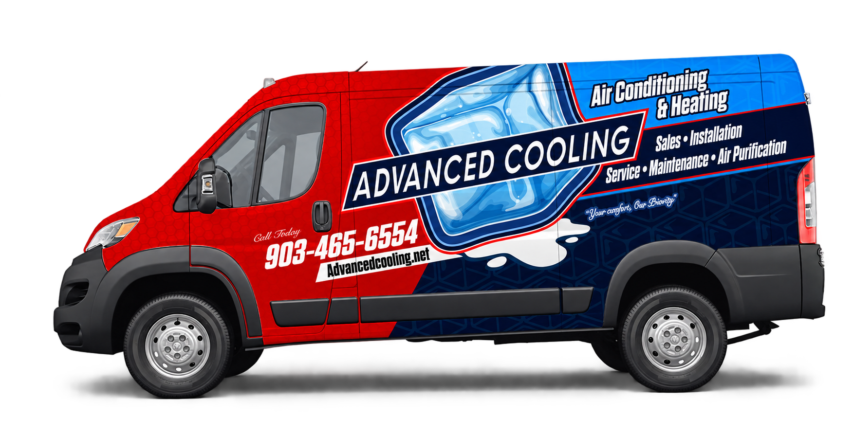 Red, navy, and ice-blue Advanced Cooling service van with phone number 903-465-6554